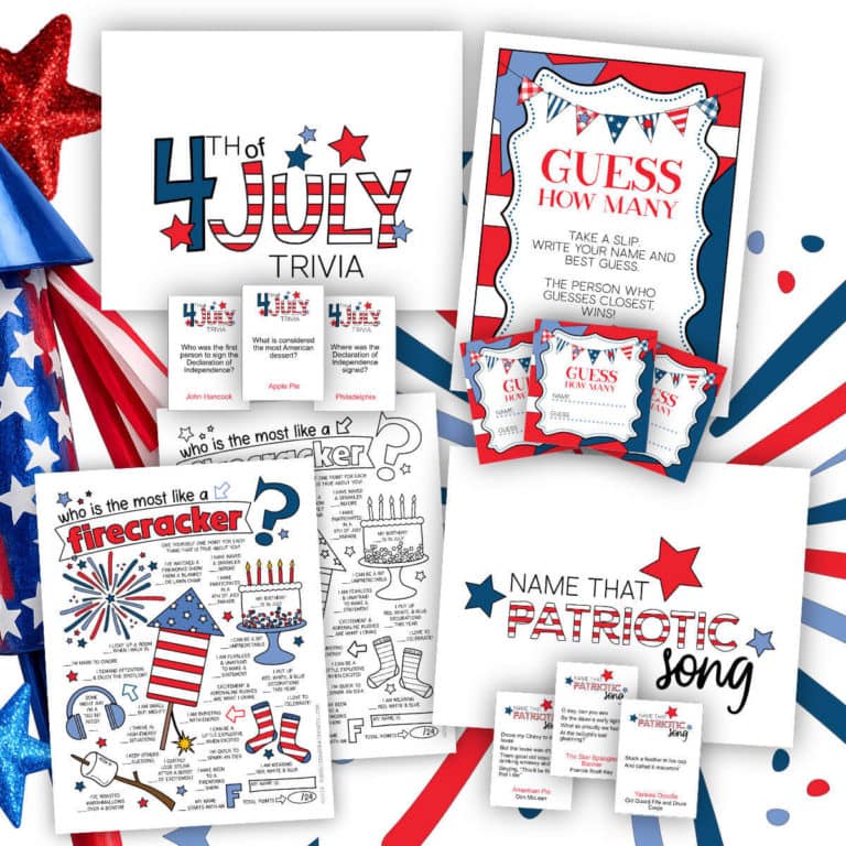 Image of four printable 4th of July party games with clipart fireworks in the background.