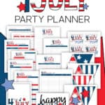 Printable 4th of July Party Planner pages with a clipart red and blue star in the background.