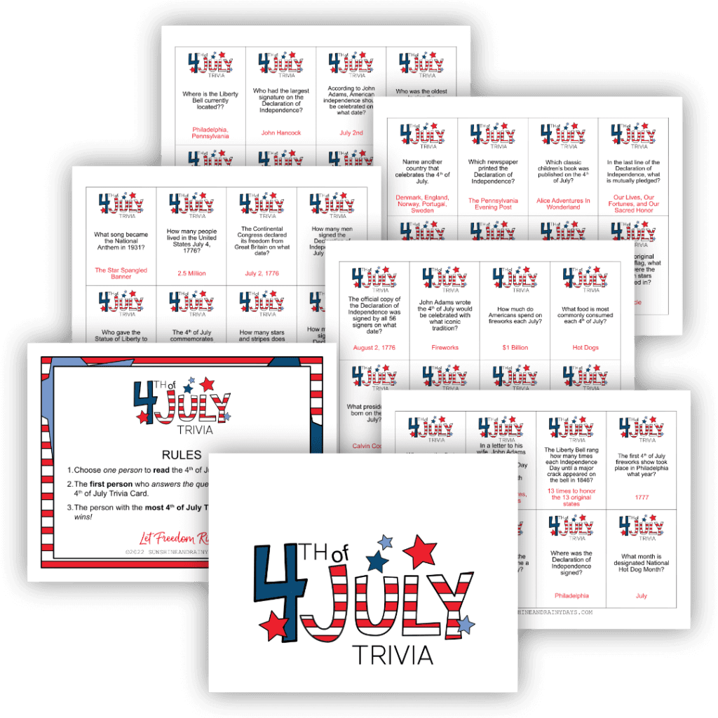 4th of July Trivia Game printable pages.