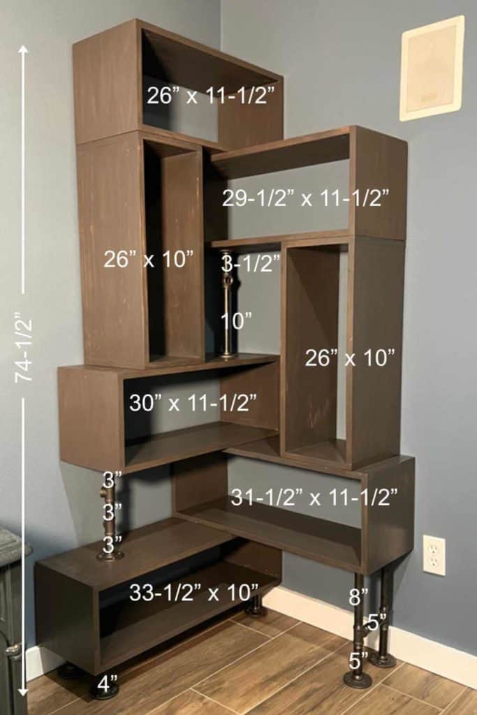 Dimensions of a DIY corner bookshelf.