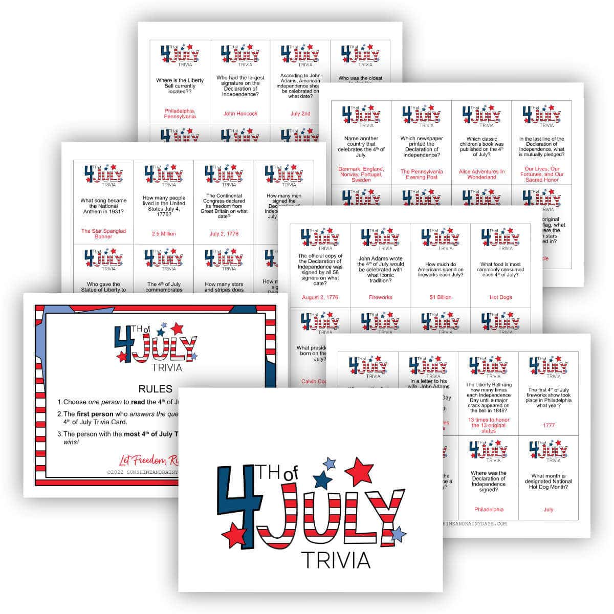 Printable 4th of July Trivia Game Cards.