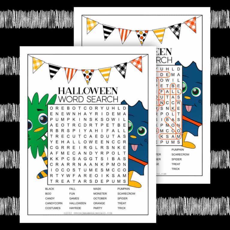 Printable Halloween word search and answer sheet.