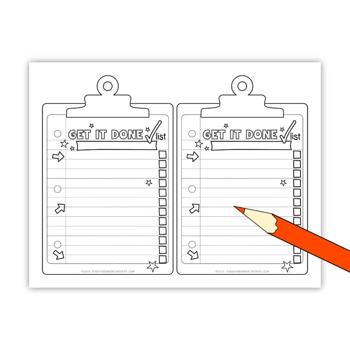 Image of a printable page with two Get It Done Checklists on the page and a clipart red pencil over the top of the page.