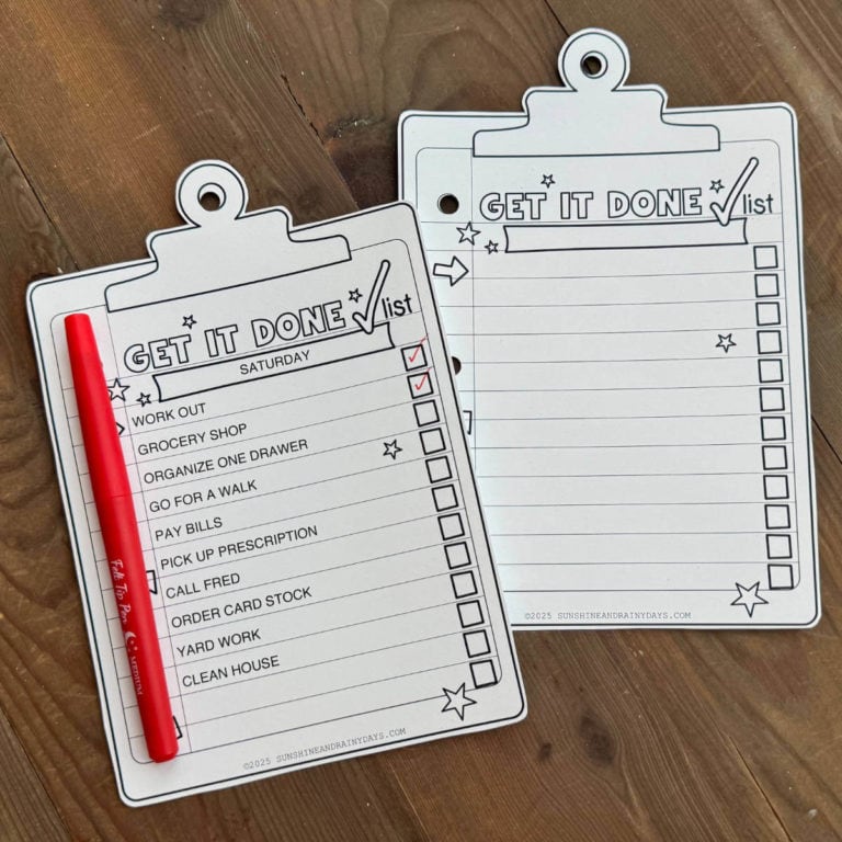 Image of two clipboard shaped printable to do lists with a red pen attached to one.