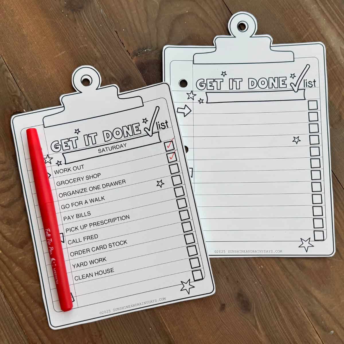 Image of two clipboard shaped printable to do lists with a red pen attached to one.