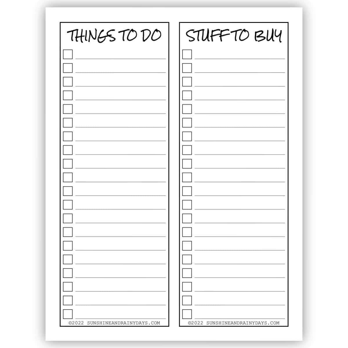 Image of a printable page with Things To Do and Stuff To Buy checklists on it.