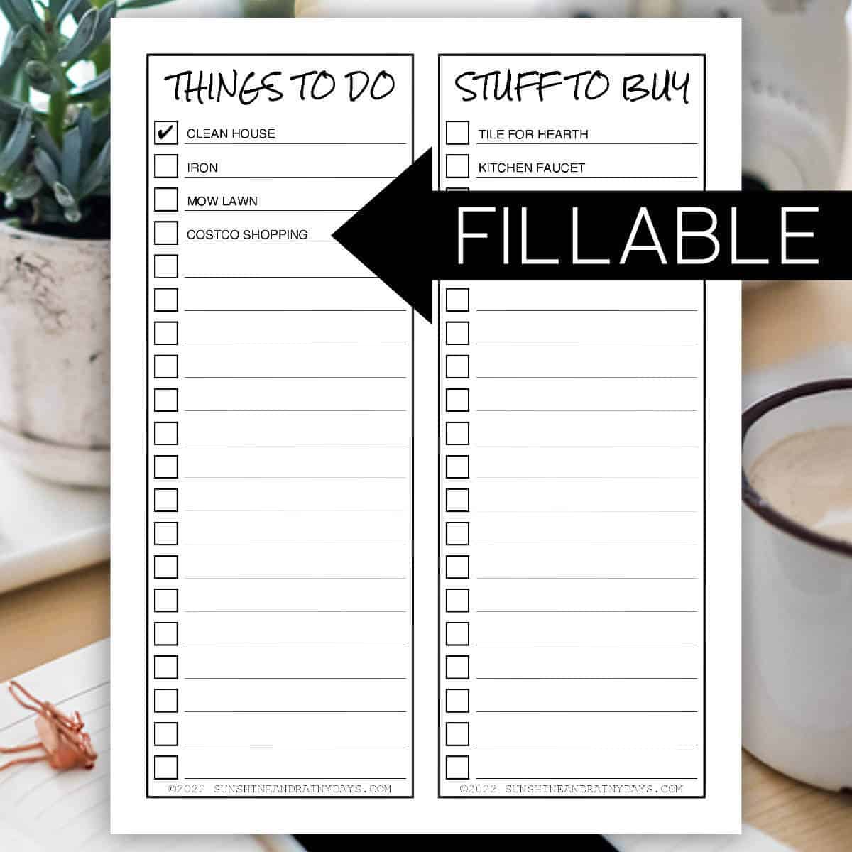 Image of a printable Things To Do and Stuff To Buy page with an arrow and the word fillable.