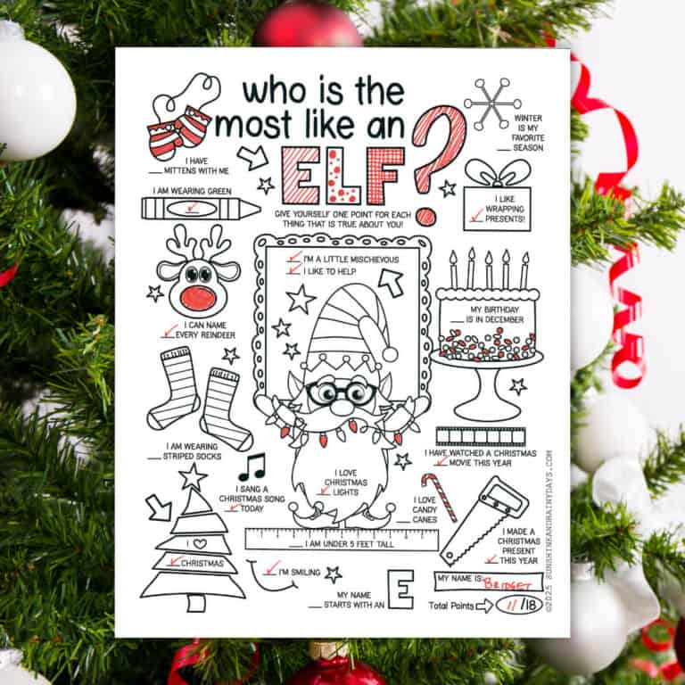 Image of a Who Is The Most Like An Elf Christmas party game printable in front of a Christmas tree.