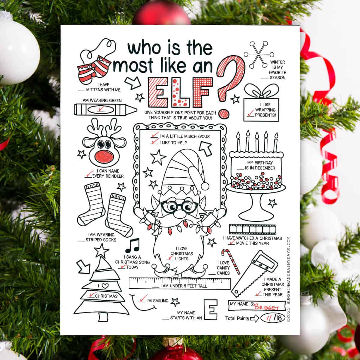 Image of a Who Is The Most Like An Elf Christmas party game printable in front of a Christmas tree.