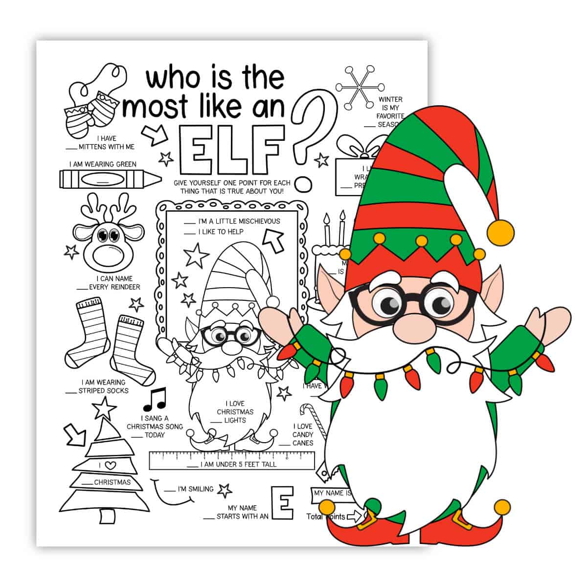 Image of a printable Christmas party game with a clipart elf in front.