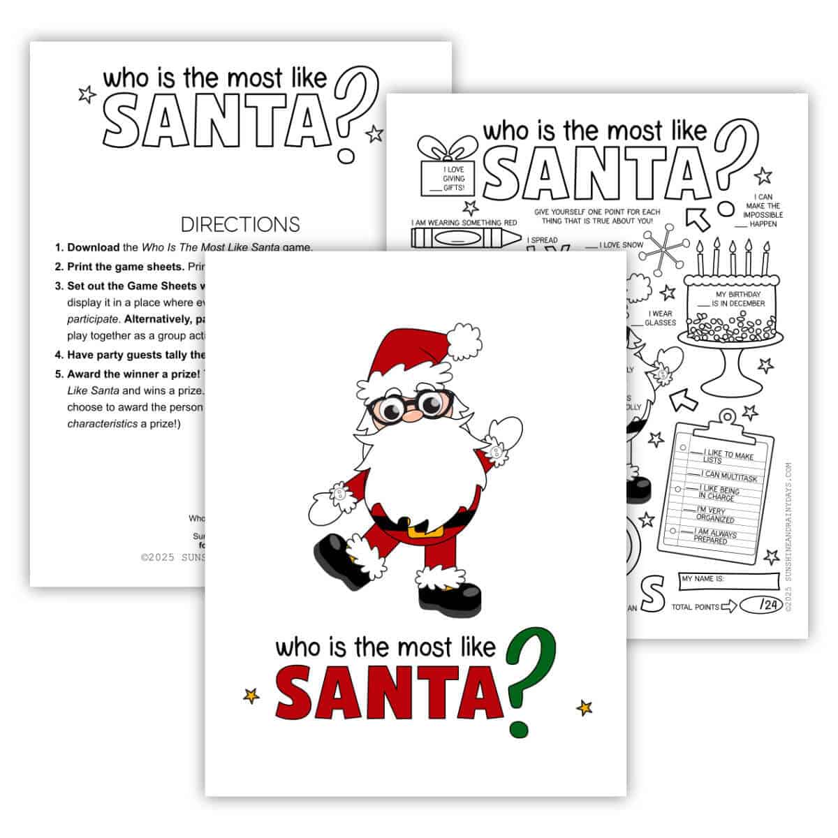 Image of three printable pages for a Who Is The Most Like Santa Christmas Party Game.