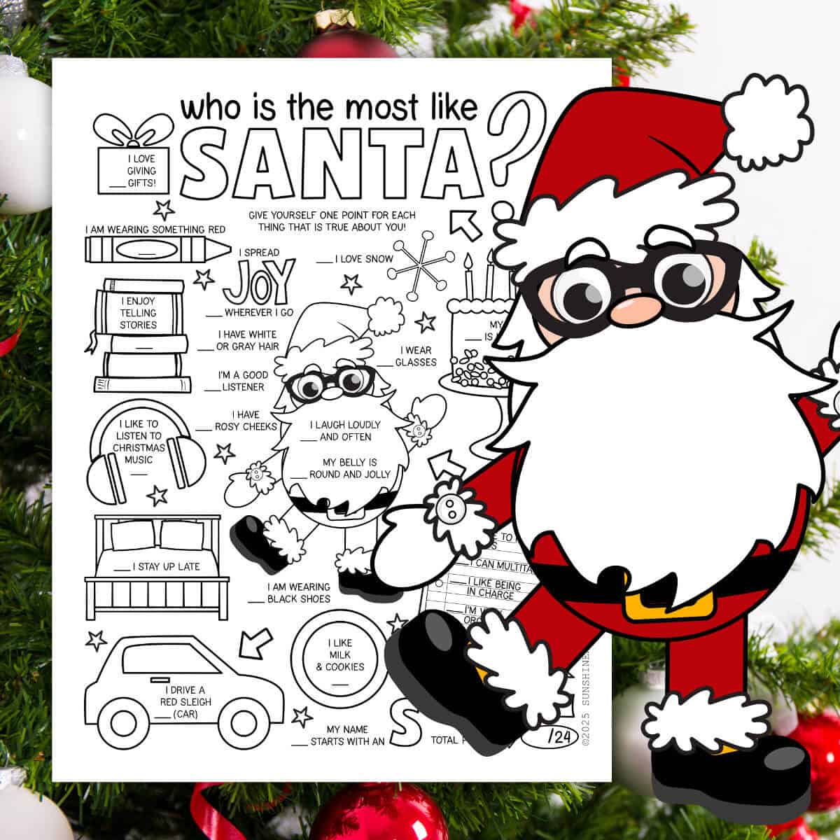 Image of a printable Christmas game with a clipart Santa in front and a Christmas tree behind it.