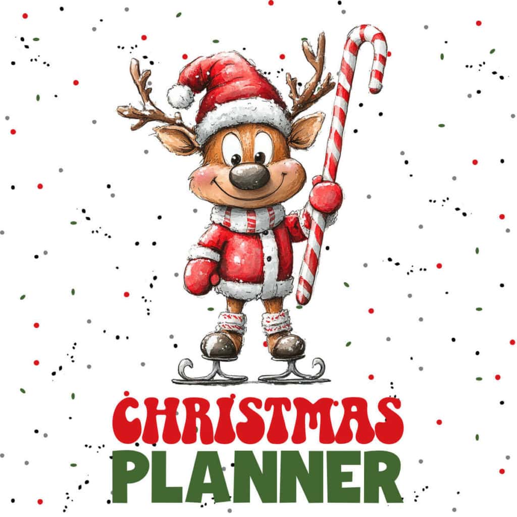 The words Christmas Planner with an image of a quirky reindeer holding a candy cane.