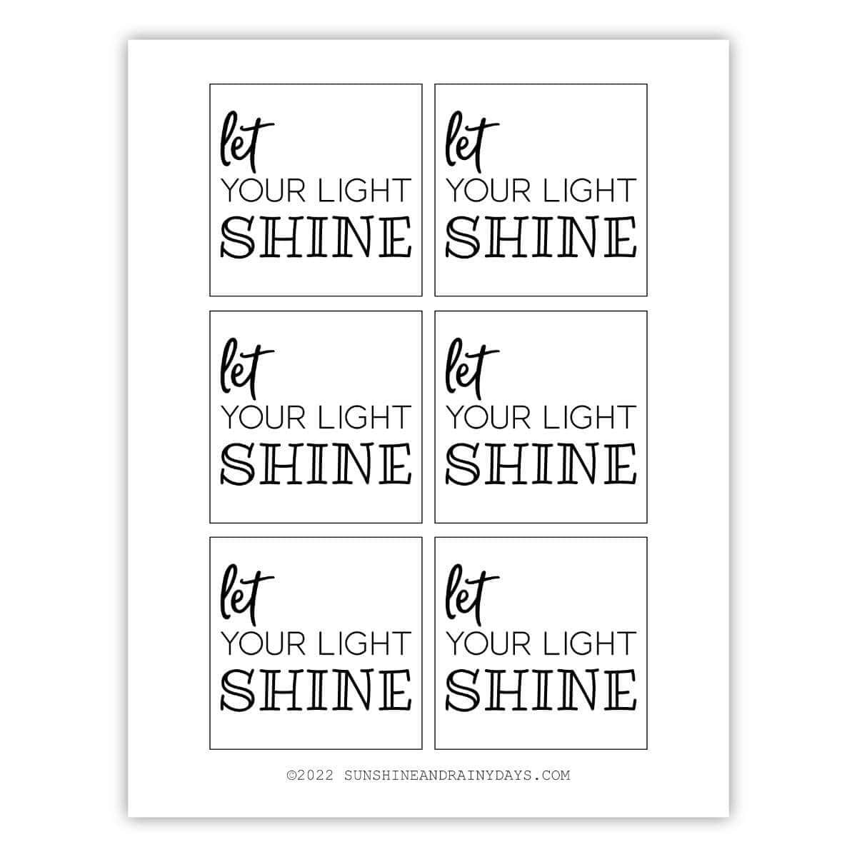 Six Let Your Light Shine glow stick tags on one sheet of paper.