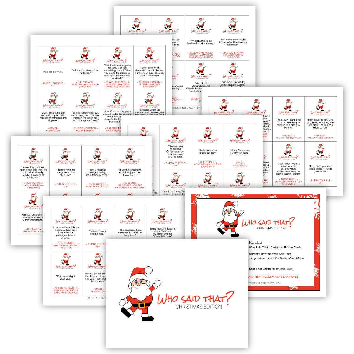 Printable pages for the Who Said That Christmas Game.