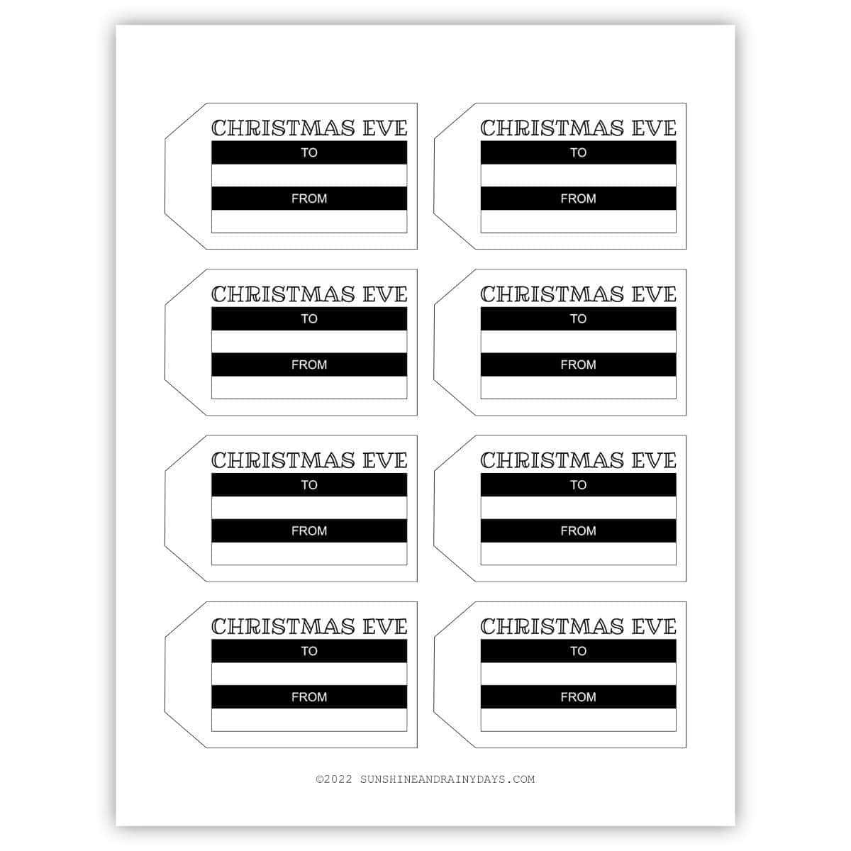 Printable page of eight Christmas Eve Gift Tags in black and white.