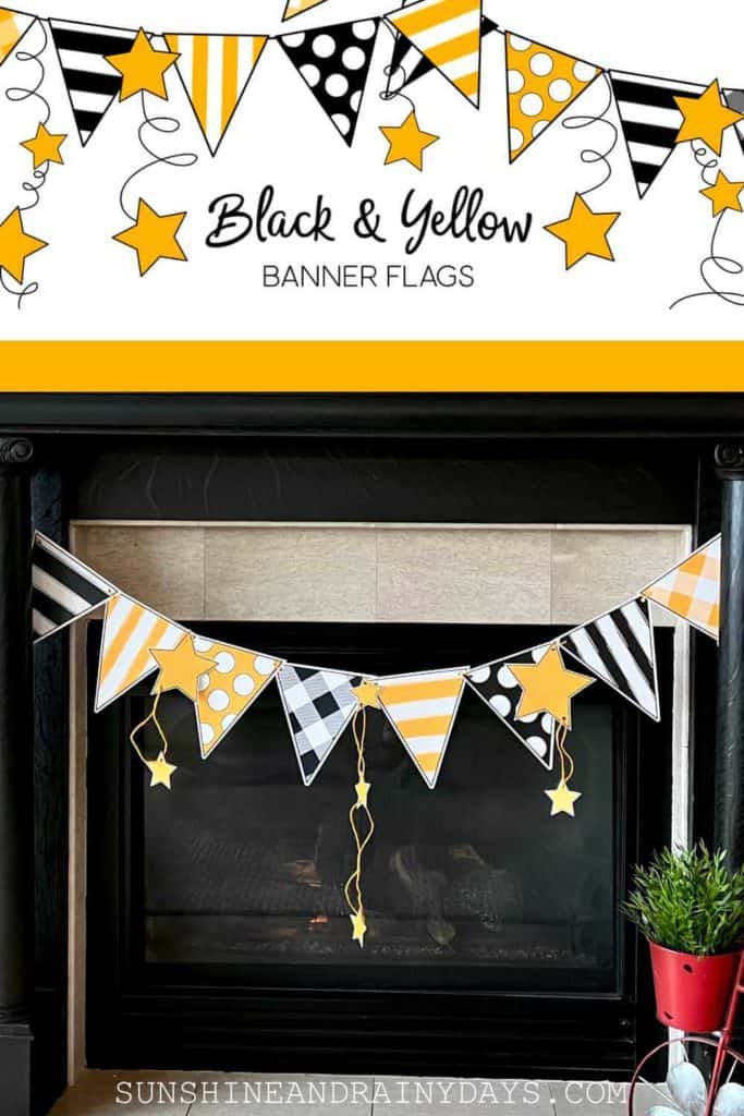 Black and Yellow Banner hanging on the fireplace.