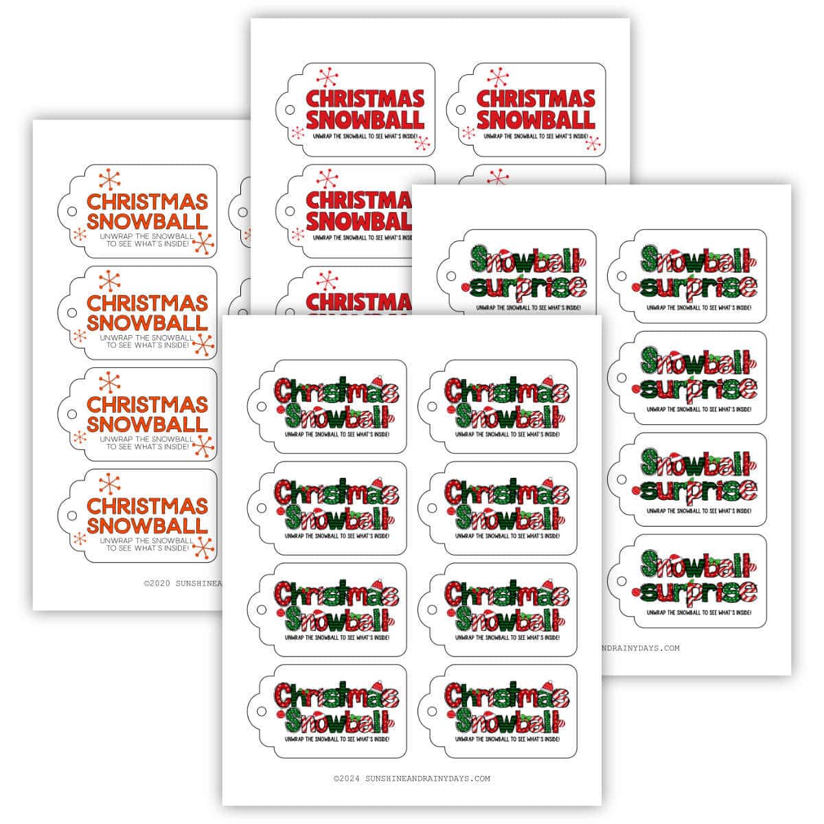 Printable Christmas Snowball Tags in four different designs.