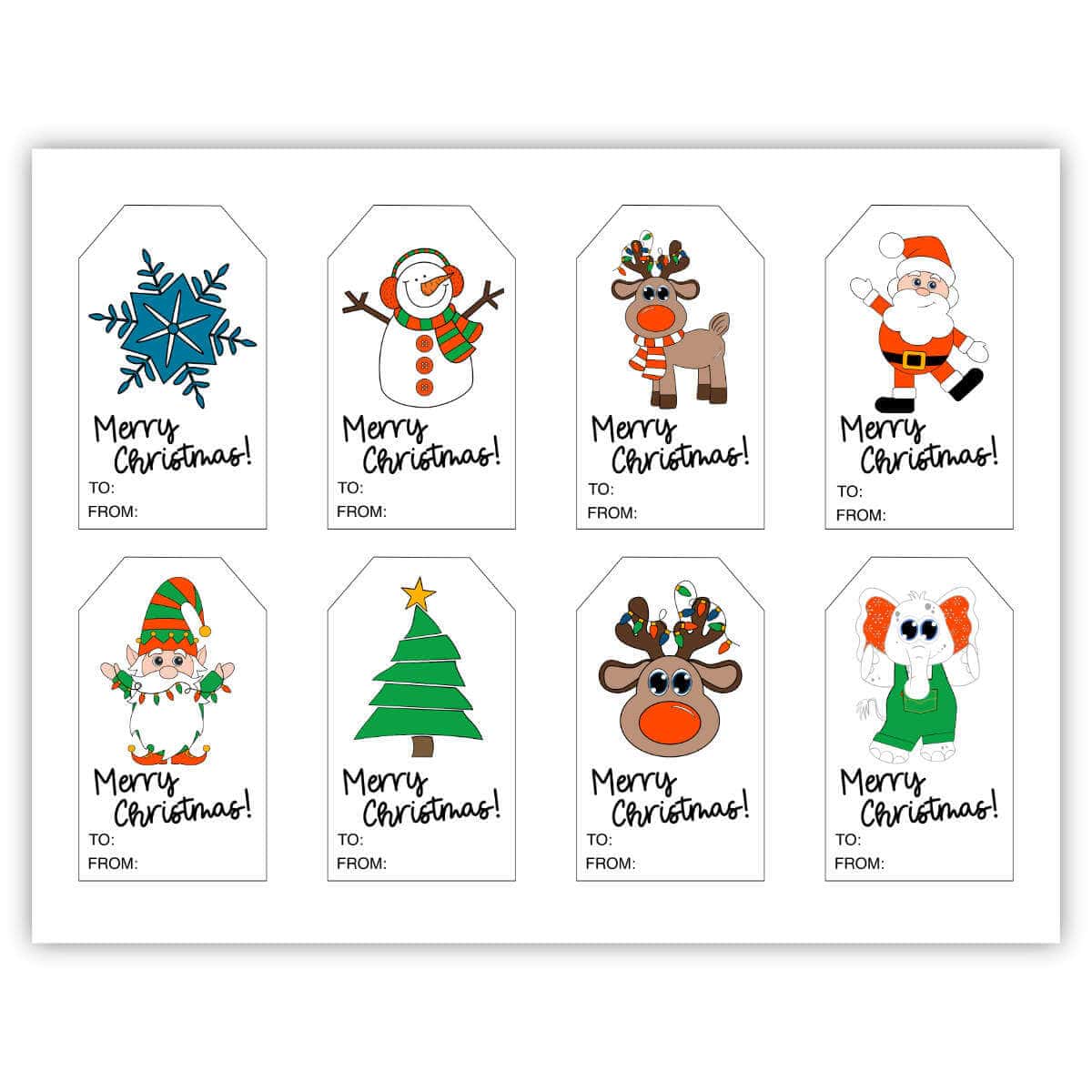 Printable page of eight Christmas Gift Tags with Christmas themed clipart on each one.