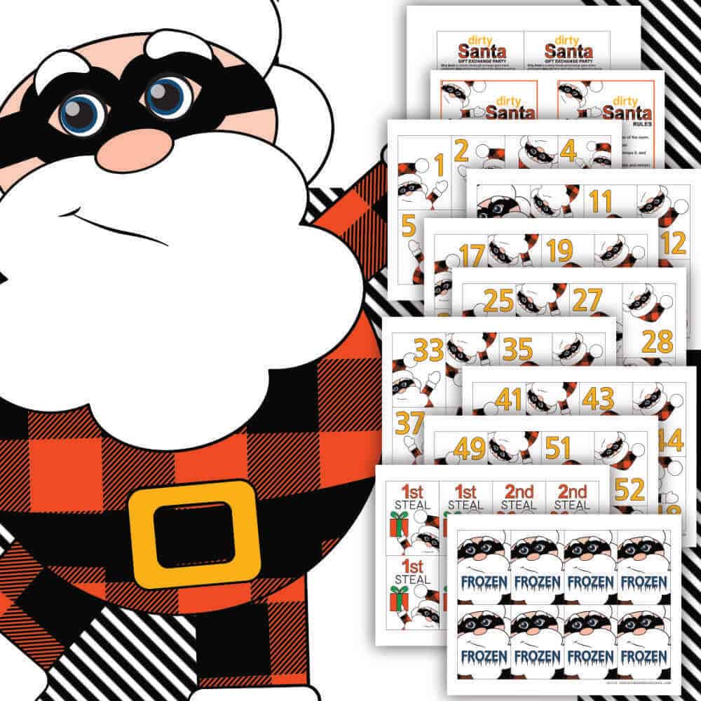 Clipart of Santa wearing a thief mask and dressed in buffalo plaid next to images of printable Dirty Santa Game cards.