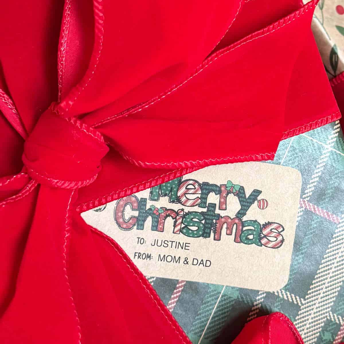 Merry Christmas Gift Tag on a Christmas gift.