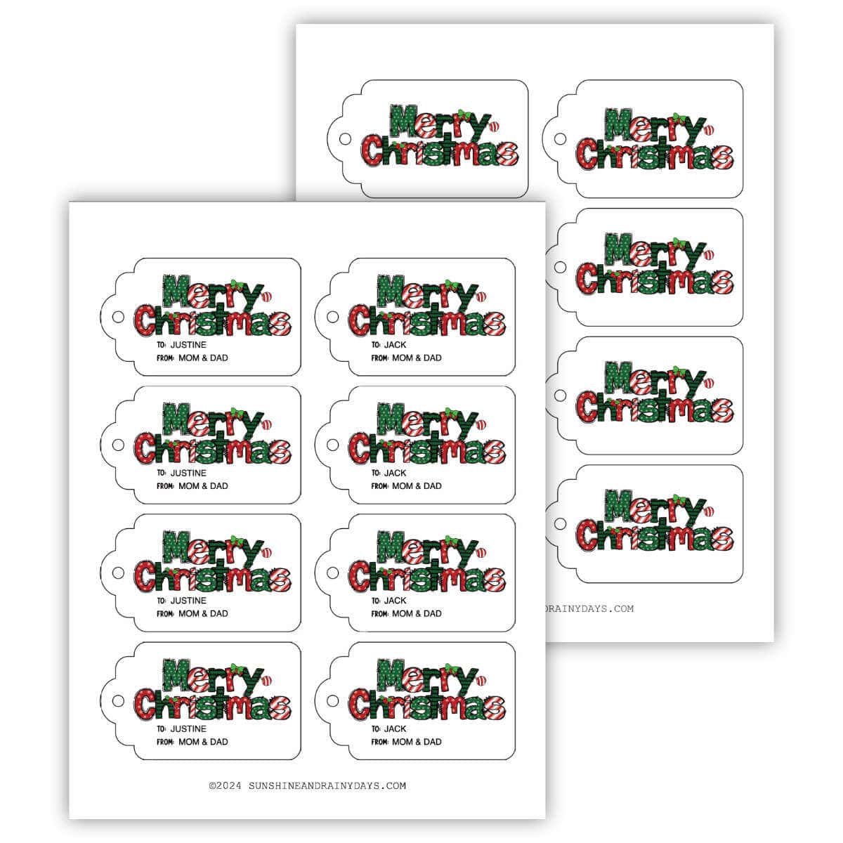 Two printable pages with eight Merry Christmas Gift Tags on each one.