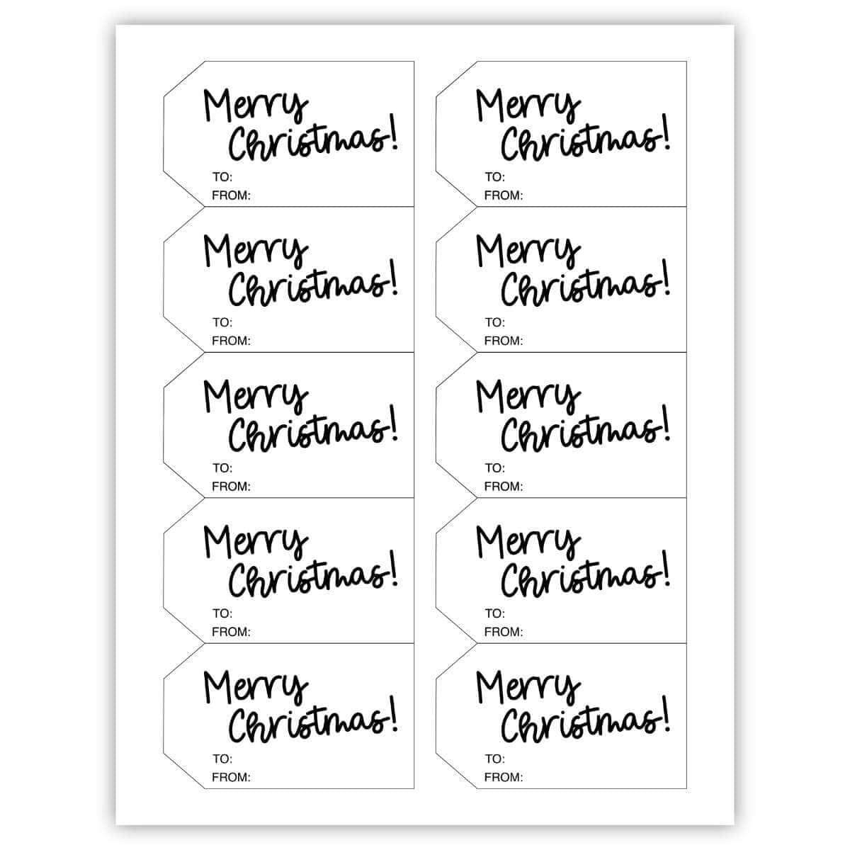 Printable page of 10 Christmas gift tags that say Merry Christmas.