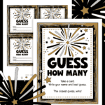 Printable pages for a New Year Guess How Many Game with a black, silver, and gold theme.