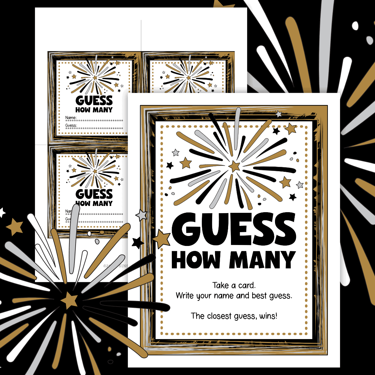 Printable pages for a New Year Guess How Many Game with a black and gold theme.