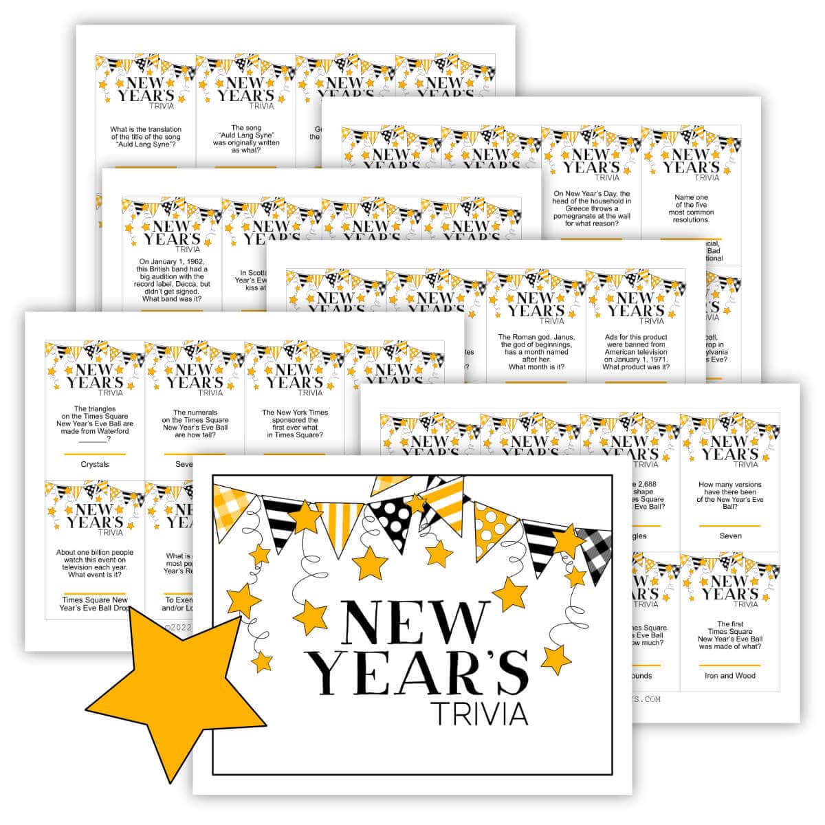 Printable New Year's Trivia game cards.