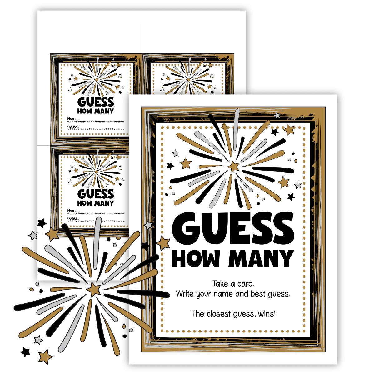 Printable pages for a Guess How Many New Year Game.