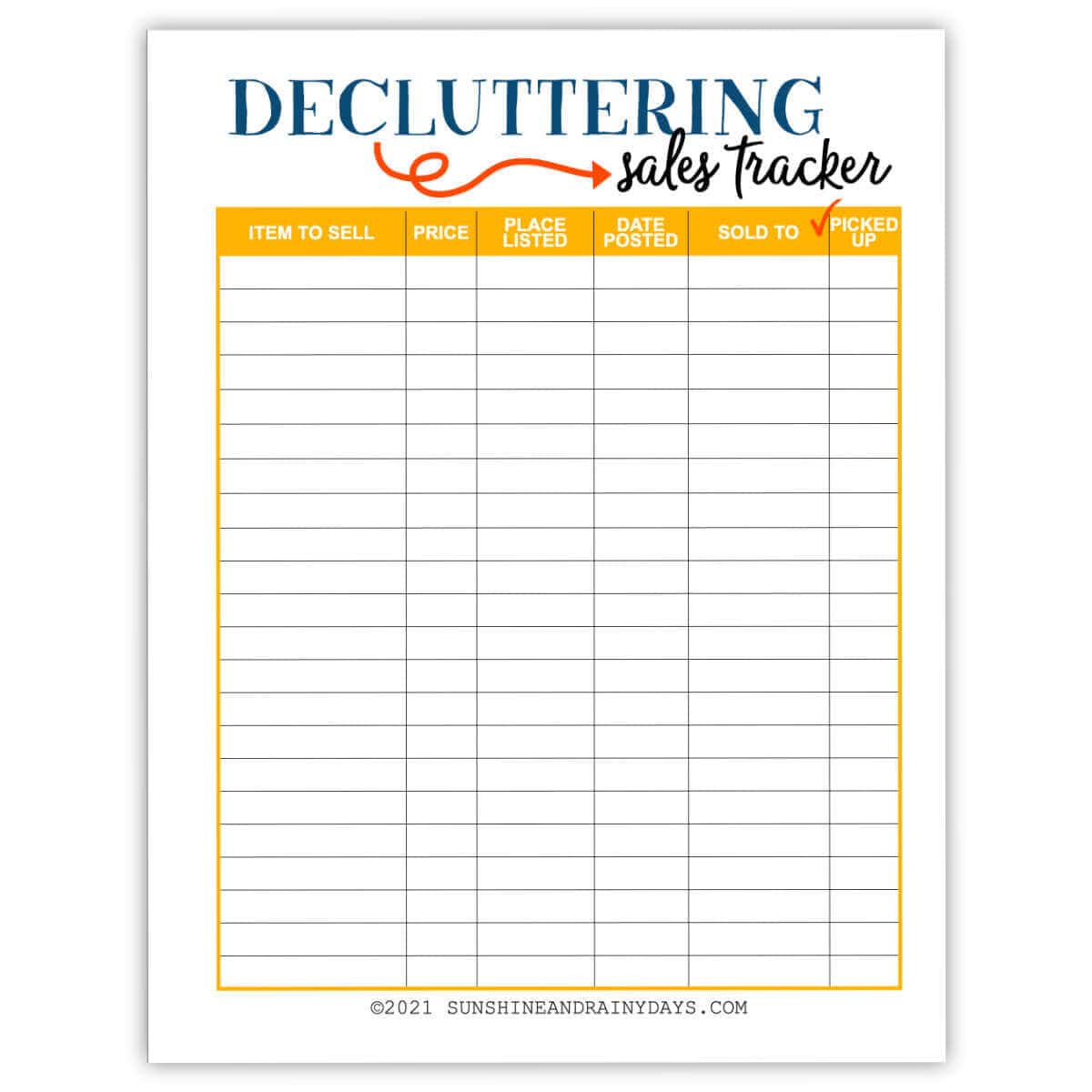 Printable decluttering sales tracker.