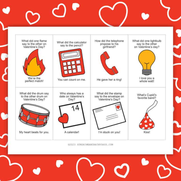 One page printable of Valentine's Day Jokes with a red and white background.