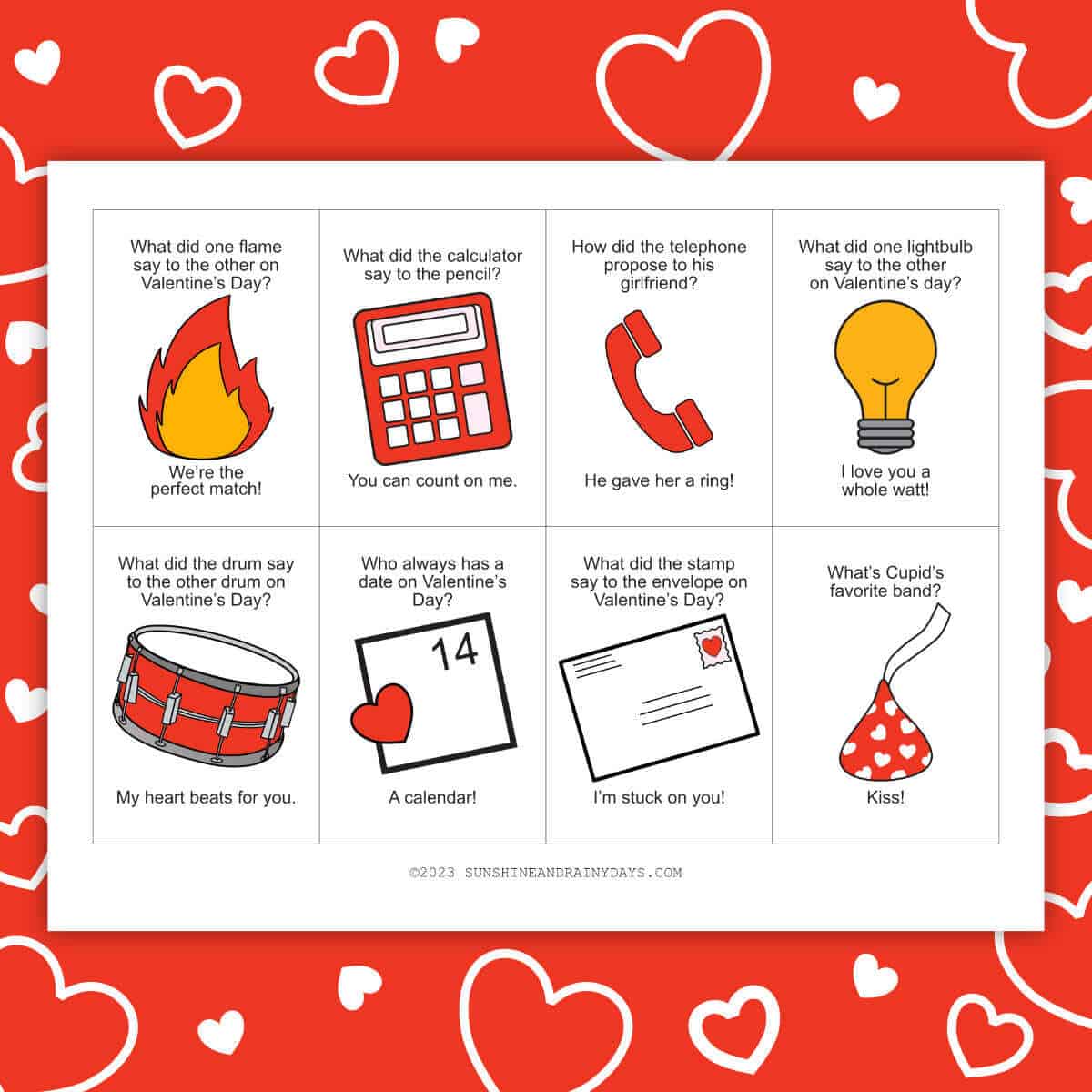 One page printable of Valentine's Day Jokes with a red and white background.