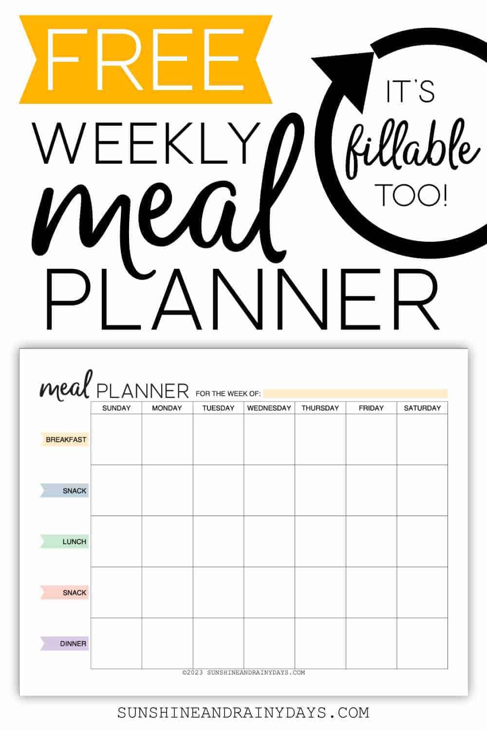 Printable Weekly Meal Planner - Sunshine and Rainy Days