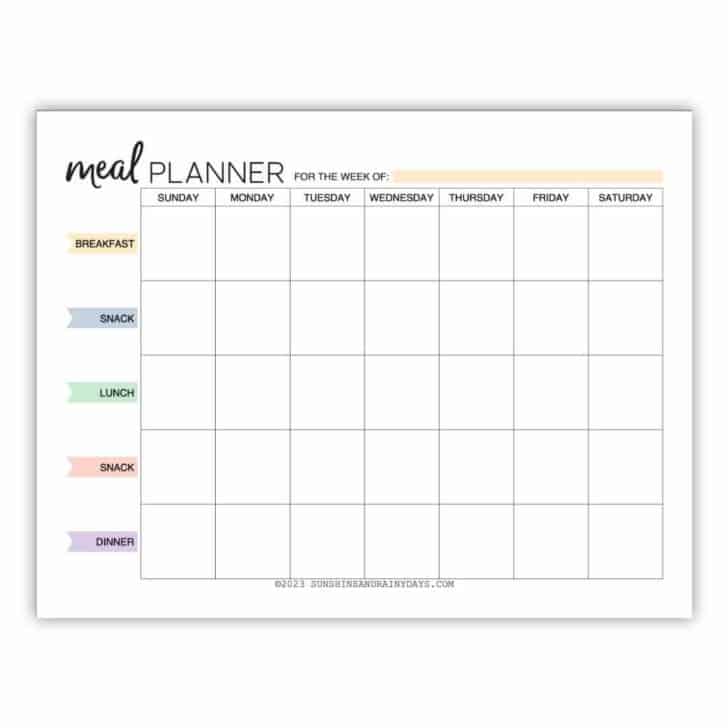 Printable Weekly Meal Planner - Sunshine and Rainy Days