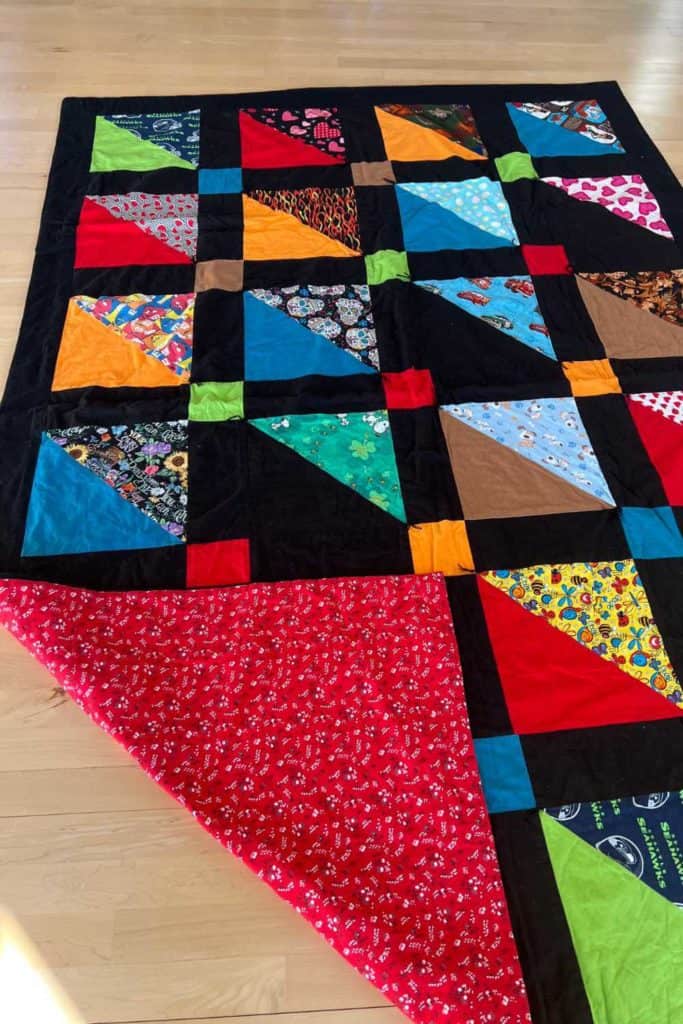 Dog bandana quilt with a red flowered backing.