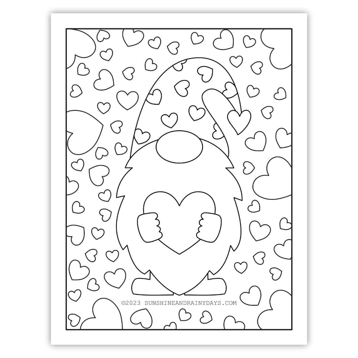 Gnome Valentine's Day coloring page.