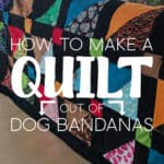 A quilt made out of dog bandanas laying over the back of a couch.