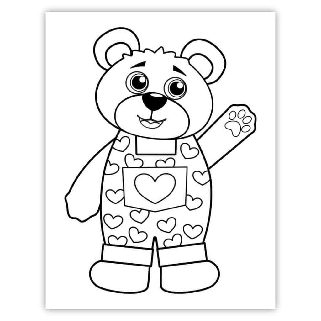 Teddy bear in overalls with hearts color sheet.