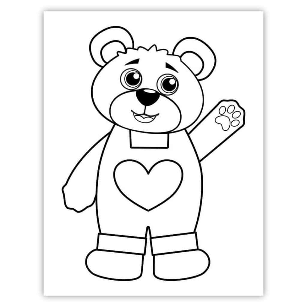 Teddy bear in overalls with a heart on them coloring page.