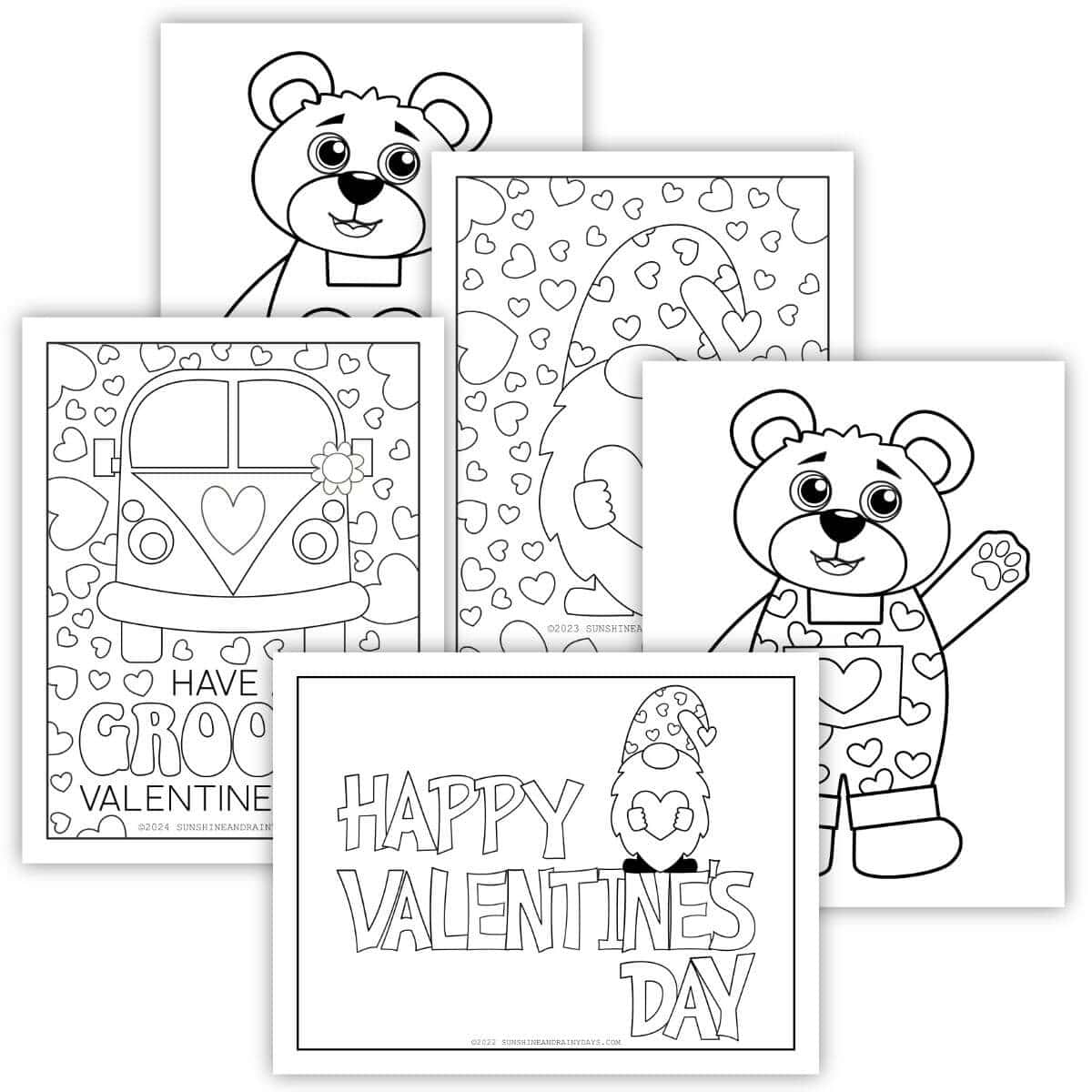 Image of five Valentine's Day coloring pages.