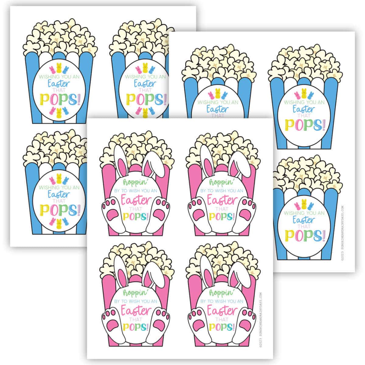 Three printable pages with four Easter popcorn tags on each page.