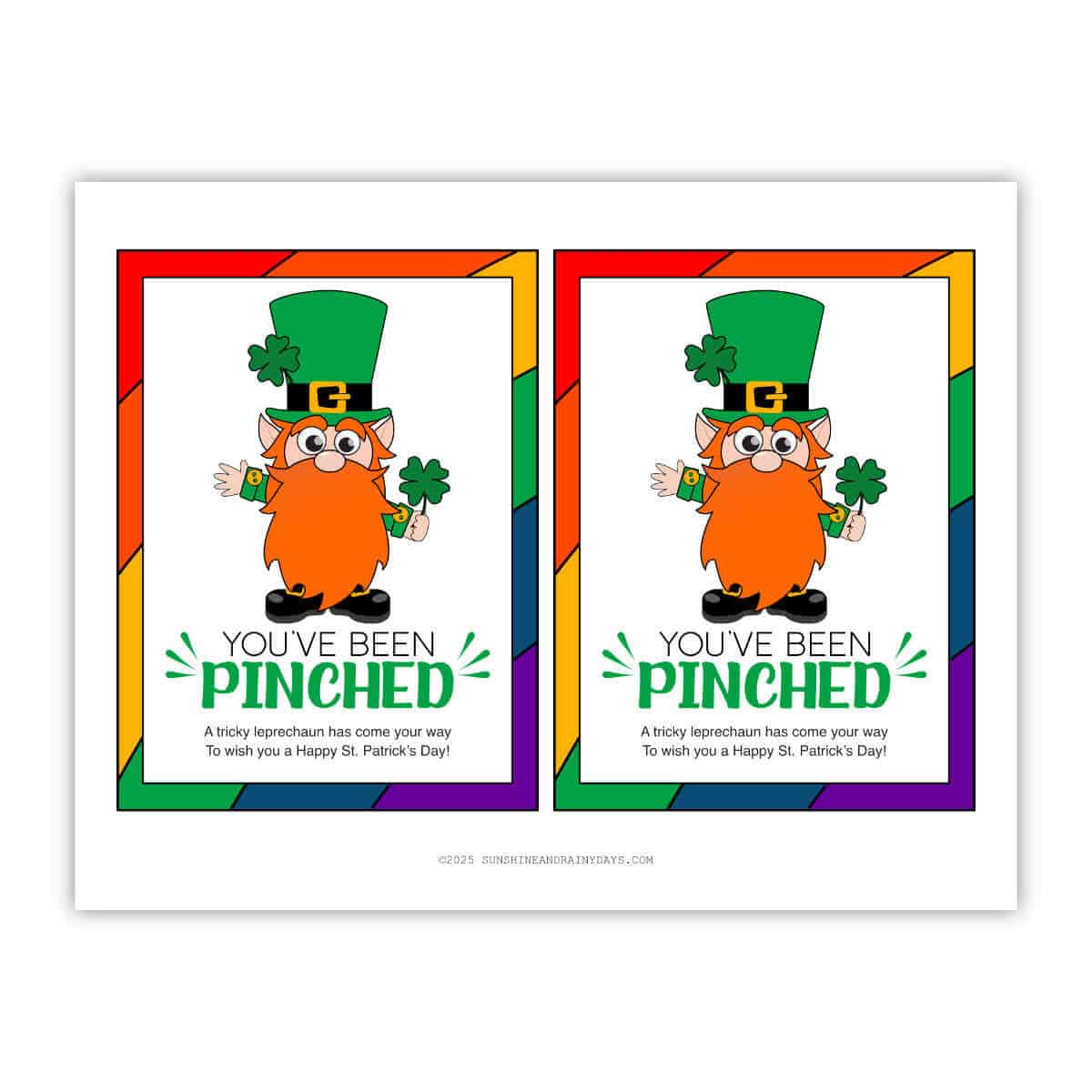 Two You've Been Pinched tags with an adorable leprechaun on a printable page.