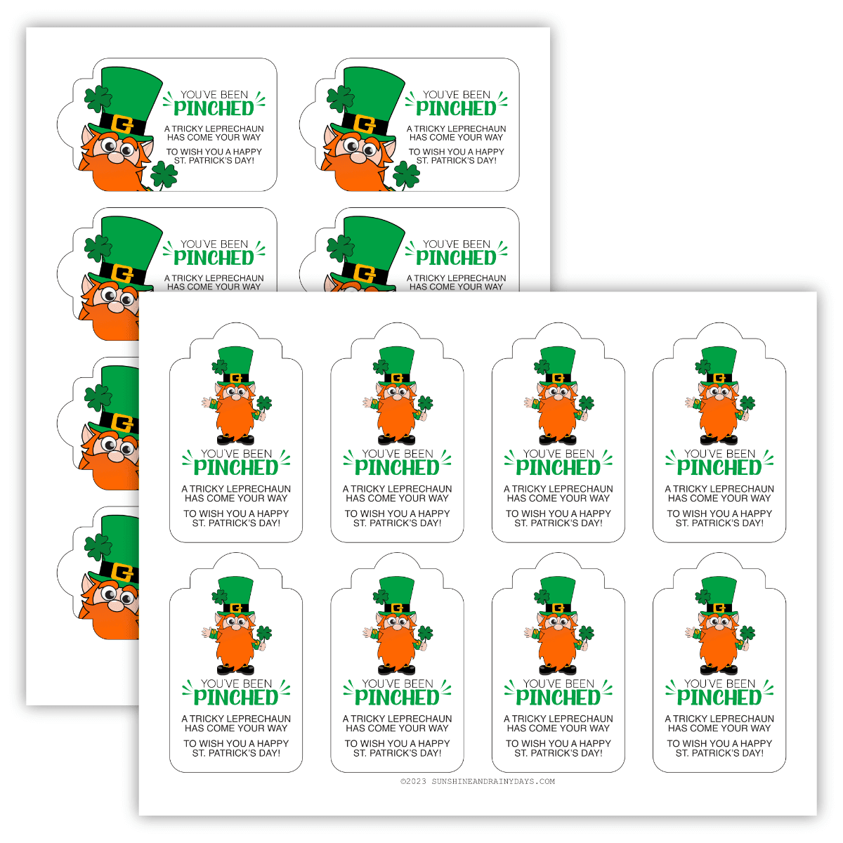 Two printable pages with You've Been Pinched St. Patrick's Day tags on them.