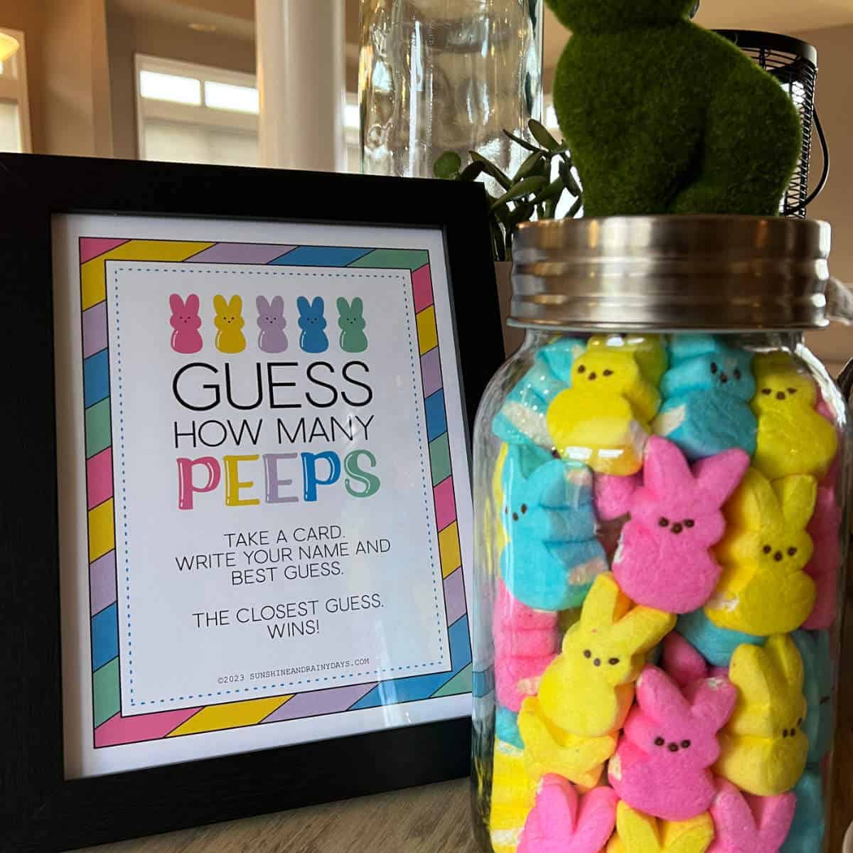 A large jar full of Peeps next to a sign that says Guess How Many Peeps.