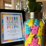 Guess How Many Peepes Are In The Jar sign and jar full of Peeps.