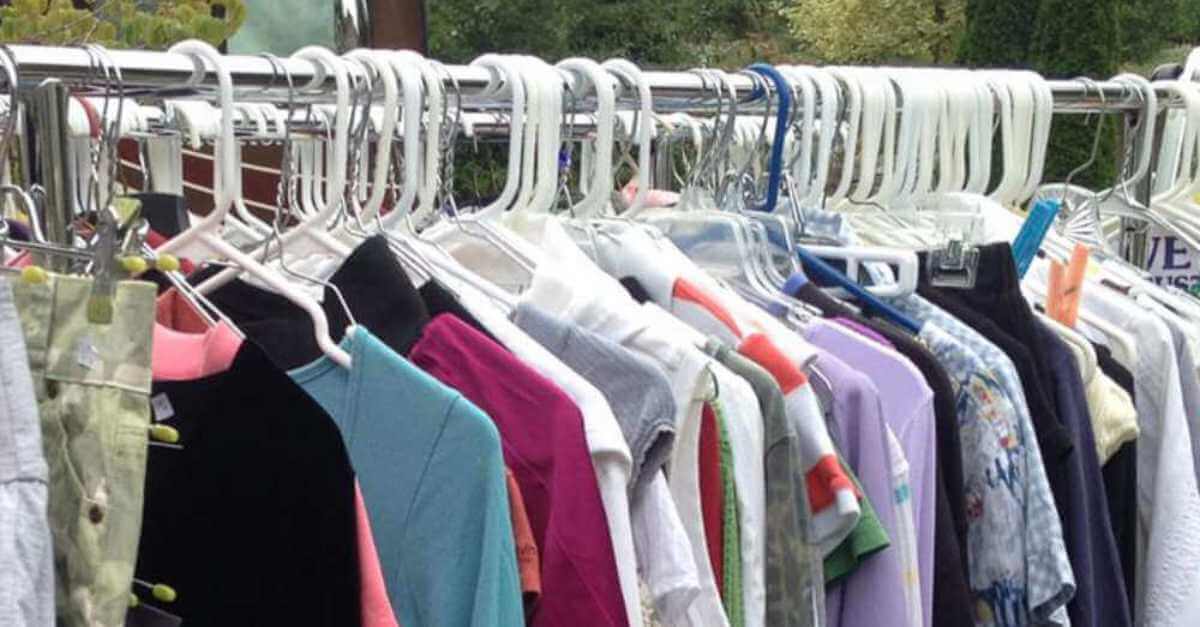 Clothing rack at a garage sale.