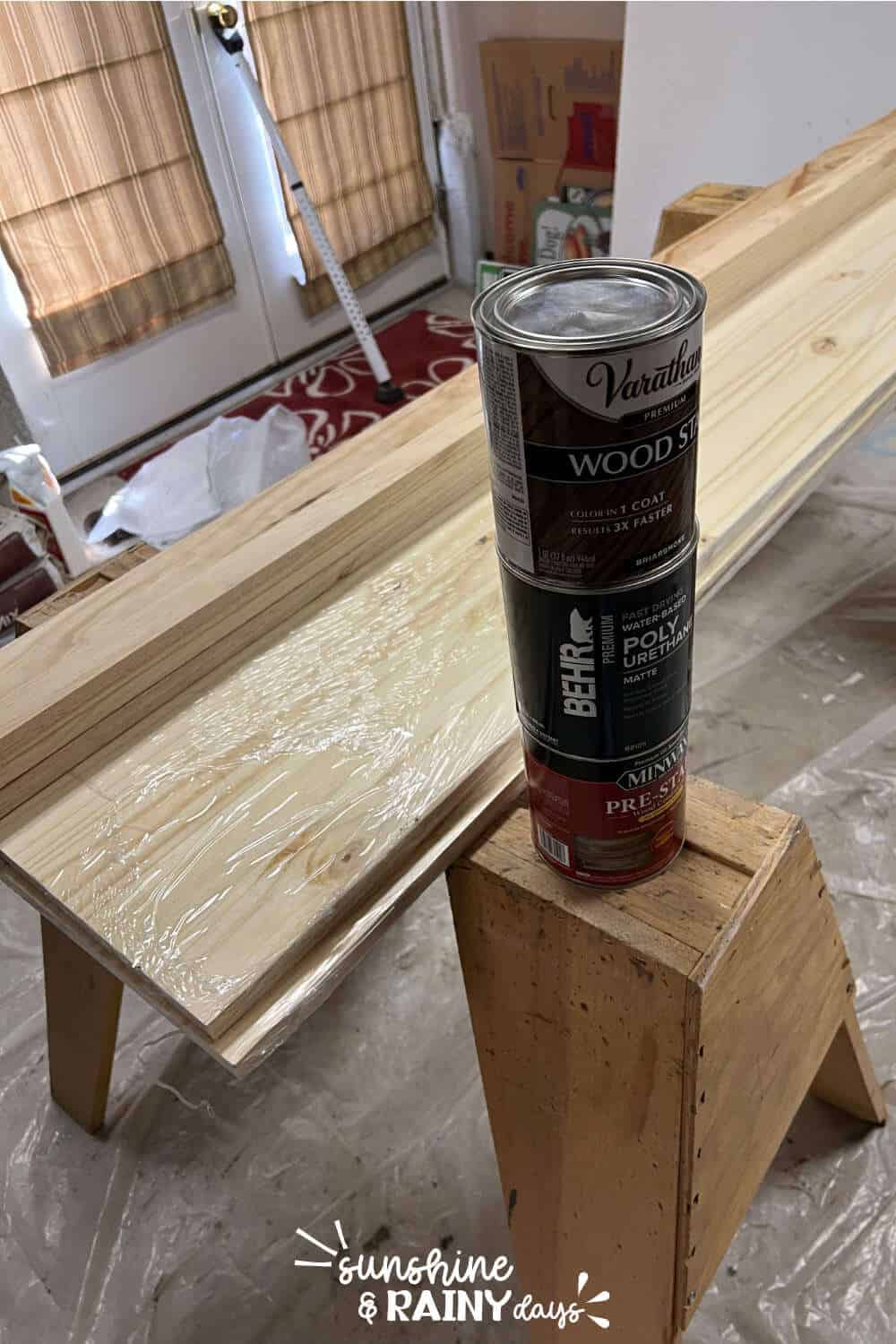 Supplies like wood and stain to build laundry room shelves.