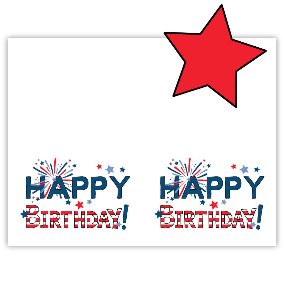 Two 4th of July Happy Birthday cards on one printable sheet of paper with a red clipart star.